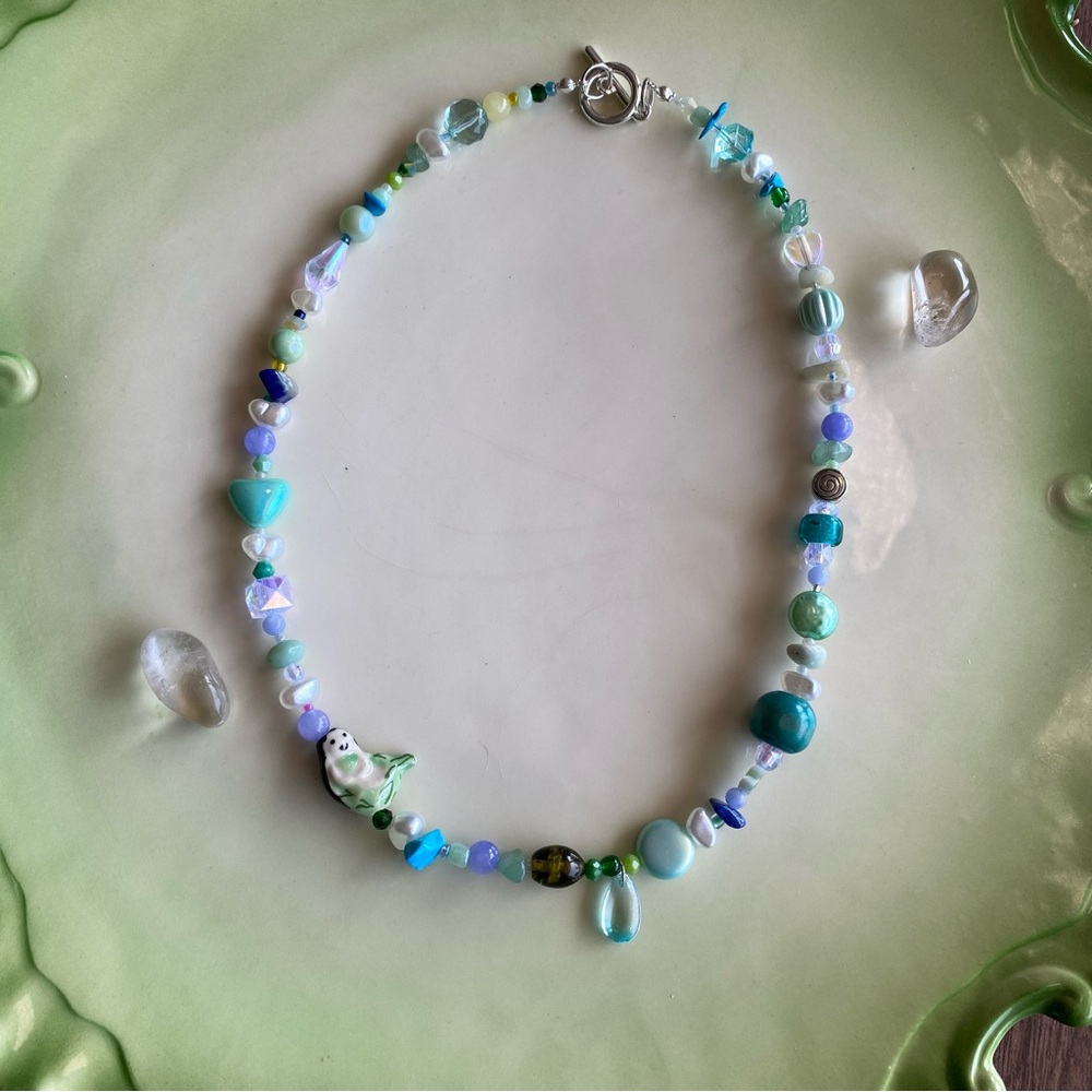 Under the Sea Beaded Blue & Green Necklace Mermaid Silver Spiral Hearts Mixed - Picture 3 of 11
